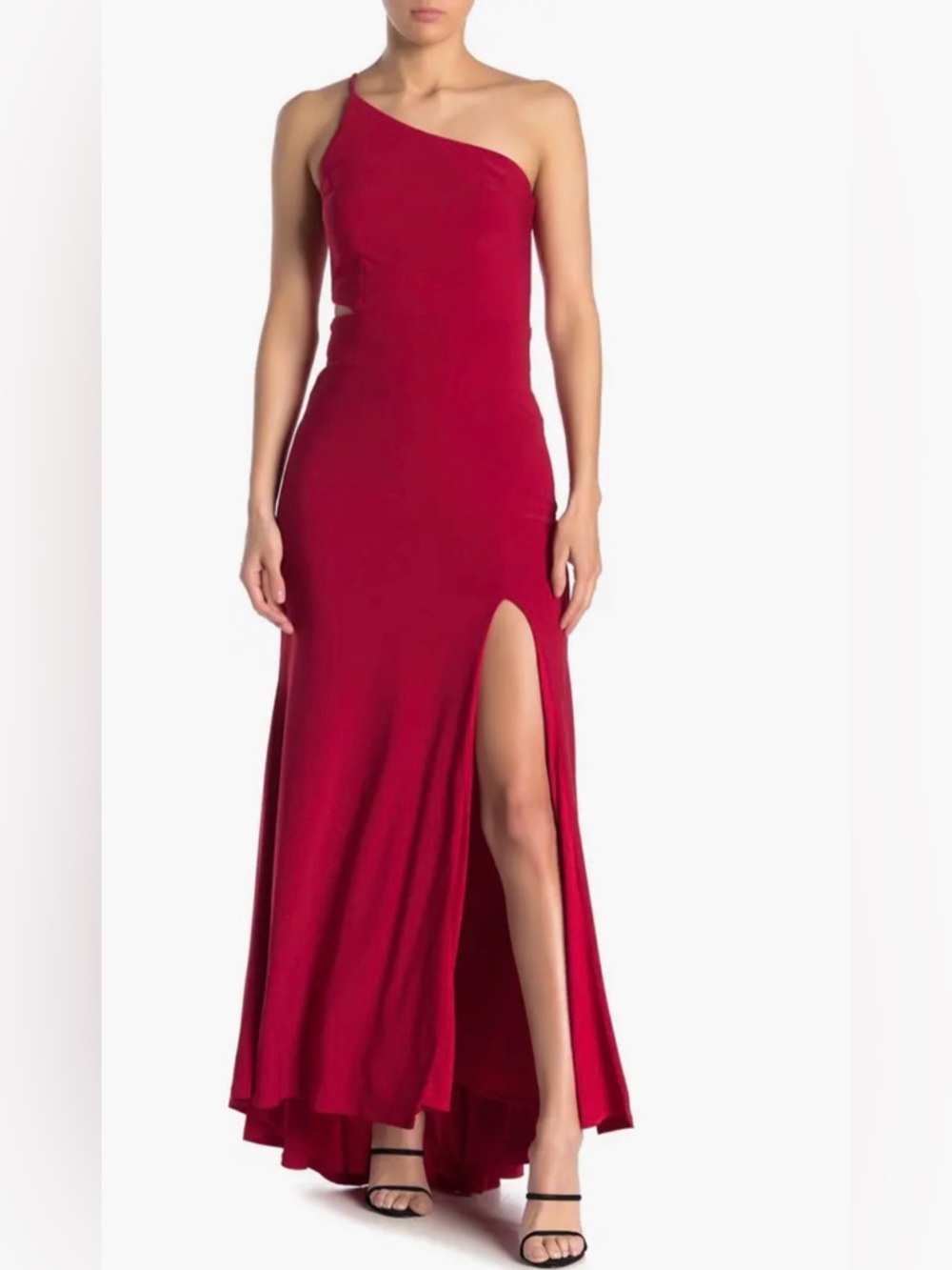 Jump Prom One-Shoulder Red Evening Gown with side cut out Slit